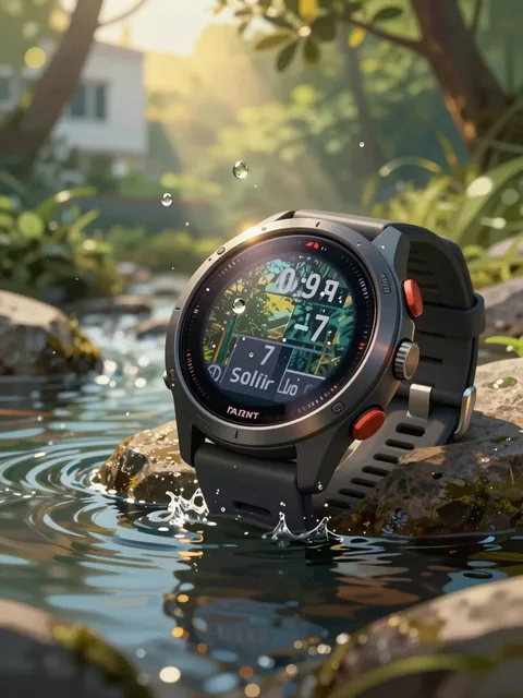 An artistic close-up illustration of a Garmin Tactix 7 Pro Solar watch resting on a damp rock surface amidst a luminous