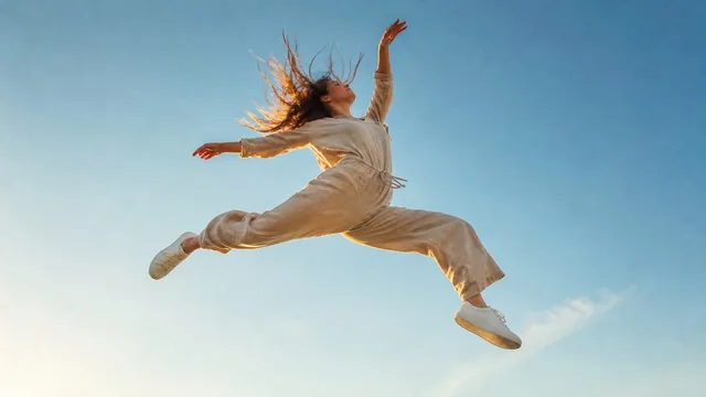 A young woman captured mid-air in a dynamic, gravity-defying leap, her body angled sharply against a clear, expansive sk