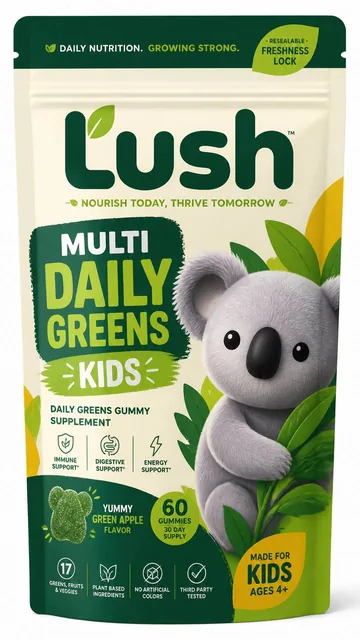 Create a distinctive packaging concept for a kids daily greens gummy supplement line designed primarily for online sales