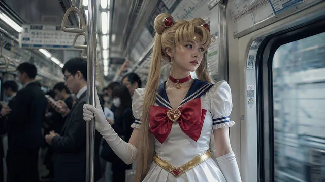 主体内容：一位年轻女性，身着经典水手服风格的动漫角色服装，整体造型参考自《美少女战士》中的月野兔（Sailor Moon），包括白色连衣裙、深蓝色领边与袖口、红色蝴蝶结、金色腰带及心形吊坠，搭配长发双马尾和刘海。人物动作：站立于地铁车厢内，