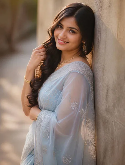 Ultra-realistic young Indian woman wearing a luxurious powder blue organza saree with delicate crystal and pearl floral