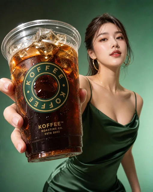 一张高端[咖啡饮品]商业广告大片，[一位韩国网红美女]穿着[墨绿色缎面时尚吊带裙]，妆容为[精致清透的韩式妆容]，配饰为[金色圆圈耳环]，人物以[单手托举向前递出]将[冰咖啡]伸向镜头，[冰咖啡]位于画面最前景，被广角透视夸张放大，产品材质
