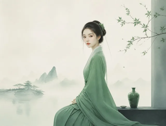 极简东方禅意半写实插画，主体为一位面庞精美的东方女性，青绿颜色体系，较强饱和对比，画面空灵静谧，大面积留白，带轻雾感、静止空气感和朦胧远景层次，可结合极简空间、湖面、远山、器物、枝条等东方意象。柔和漫射光，边缘干净柔和，整体安静、克制、清冷