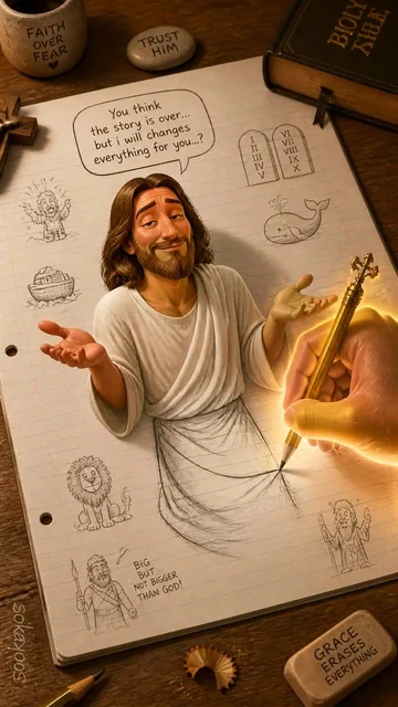 "A humorous, exaggerated artwork showing Jesus, wearing a simple robe, with his expression comically revealing — deep pe