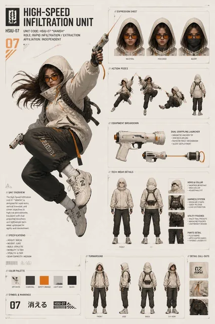 A dynamic character concept sheet showcases a "High-Speed Infiltration Unit" in a mid-air grappling pose, utilizing a cl