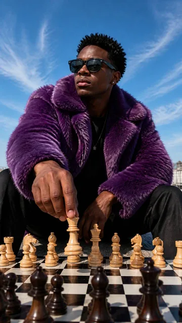 A young Black man, appearing to be in his early twenties, is captured in a low-angle, medium shot, sitting outdoors with