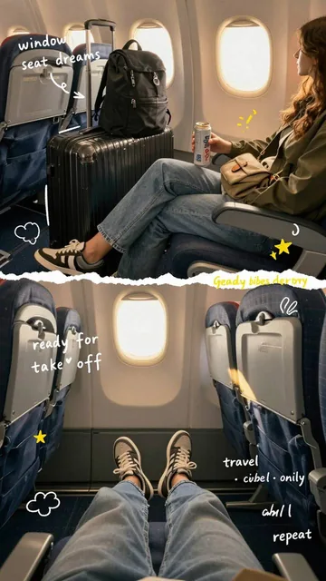 POV travel photography of a person sitting at an airport and inside an airplane, casual outfit with jeans and sneakers,