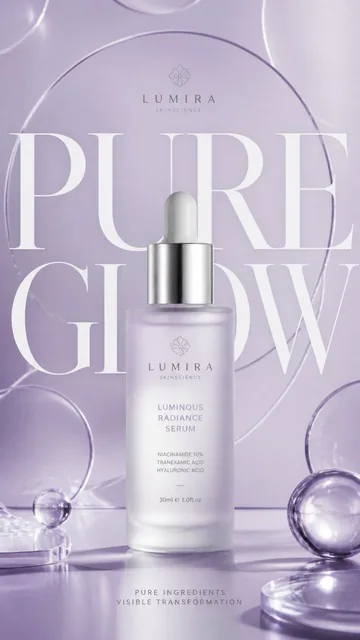 A premium commercial advertising poster for a luxury skincare brand, with a frosted glass serum bottle centered, "PURE GLOW" typography, and soft lavender background.