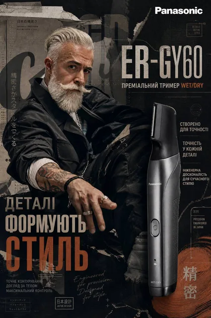 Create a high-resolution 8K premium Panasonic ER-GY60 campaign poster in an Urban Fashion Editorial Collage style with a