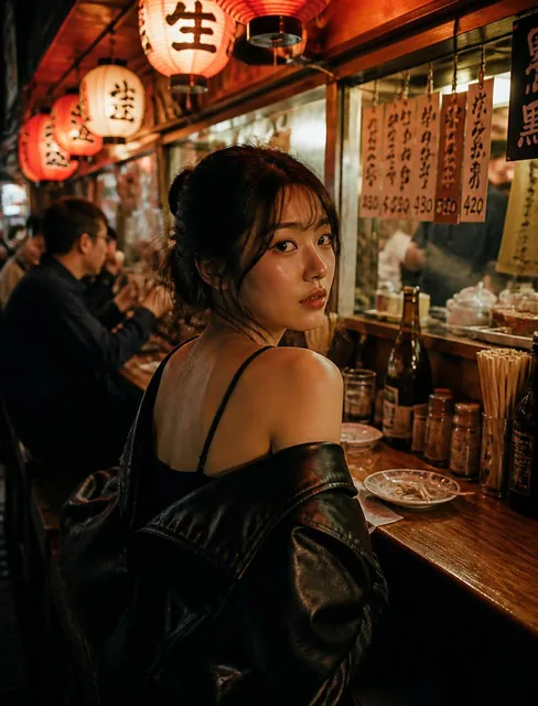 Prompt :A young "East Asian woman" with dark hair styled in a loose up do, sitting at a wooden counter in a cozy, dimly
