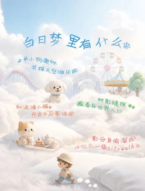 根据画面，和[image2]文字内容，分别加上小狗，游乐园，小猫和走路的卡通小元素