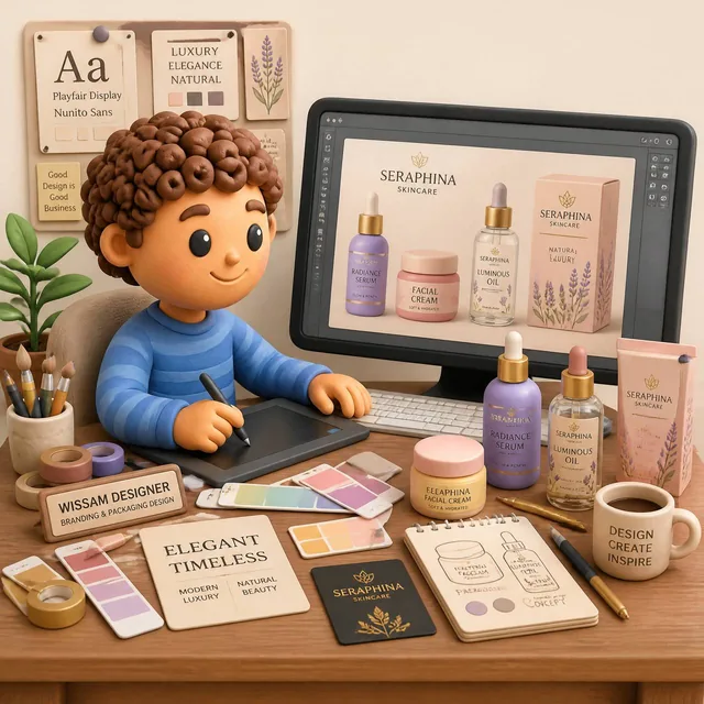 Cute 3D clay illustration of Wissam Designer working on a premium cosmetics packaging project, sitting at a modern creat