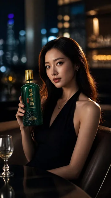 一位面容精致的中国女性，优雅地坐在充满现代感的高级酒吧环境中，神态从容且富有东方韵味。她手中握着一瓶极具质感的中国高端白酒，酒瓶设计呈现出深邃的质感与精致的东方美学细节，瓶身透出的光泽，瓶标带有细腻的烫金工艺，精准还原参考图中白酒的品牌包装
