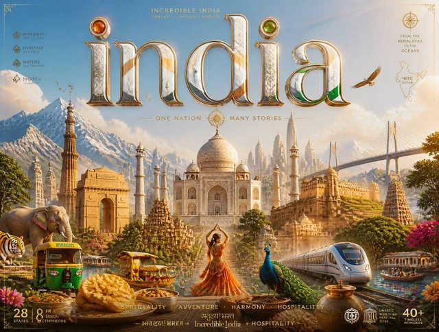 Ultra-premium cinematic 3D travel poster for [INDIA], bright luxury aesthetic, soft sunlight, dreamy atmosphere, highly