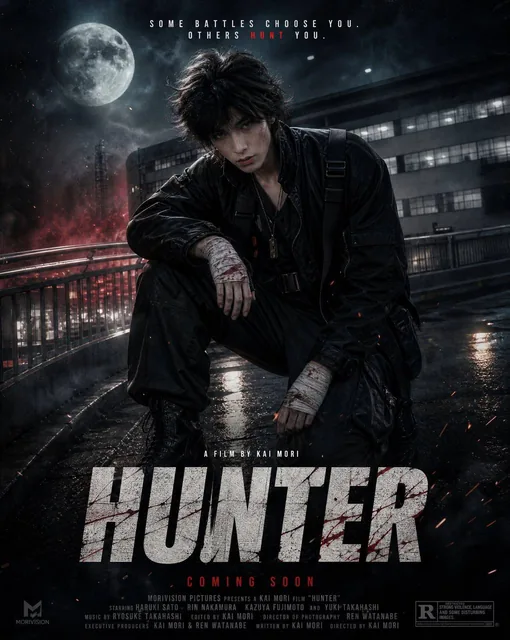 Take this uploaded image and generate a fully designed movie poster for HUNTER. Change the subject’s pose, body part, cl
