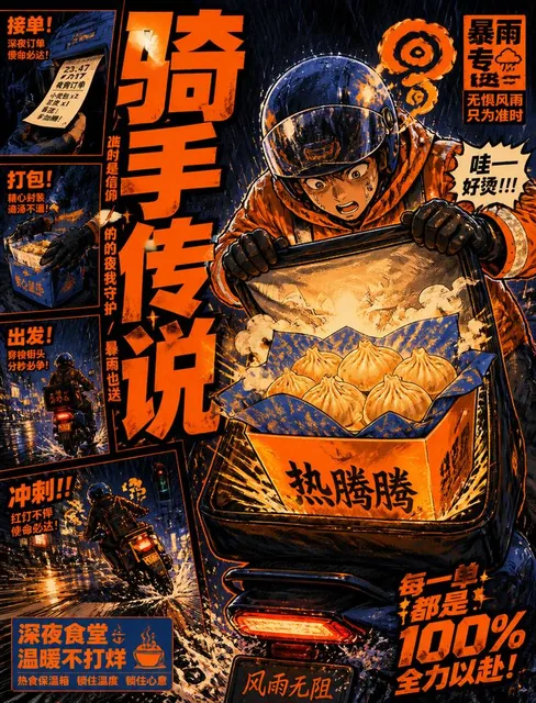 Use the "Lava Orange Deep Blue Manga Delivery Zine Ad Style" visual style as the locked visual system.Create a 16:9 imag
