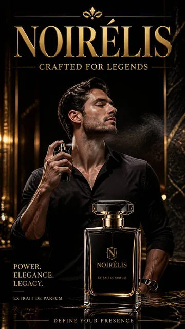Ultra-premium luxury perfume advertisement, vertical 9:16 format, handsome male model with an athletic physique, sharp j