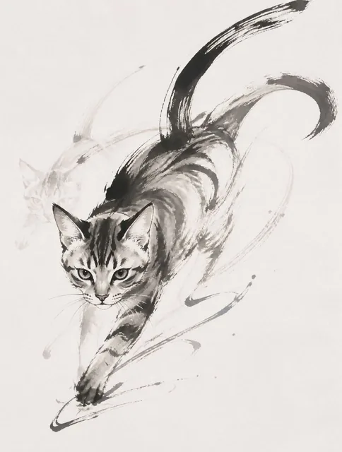猫。毛色、斑纹、年龄、体态、体型、品种特征、神态与动作自然随机生成。无字。可能是幼猫、成猫或老猫；短毛、长毛或蓬松毛发；可能奔跑、跳跃、回首、蜷缩、潜行、扑击、伸展、嬉戏、追逐、停驻或处于动作转换的瞬间。极简东方水墨动态素描。主体始终清晰可