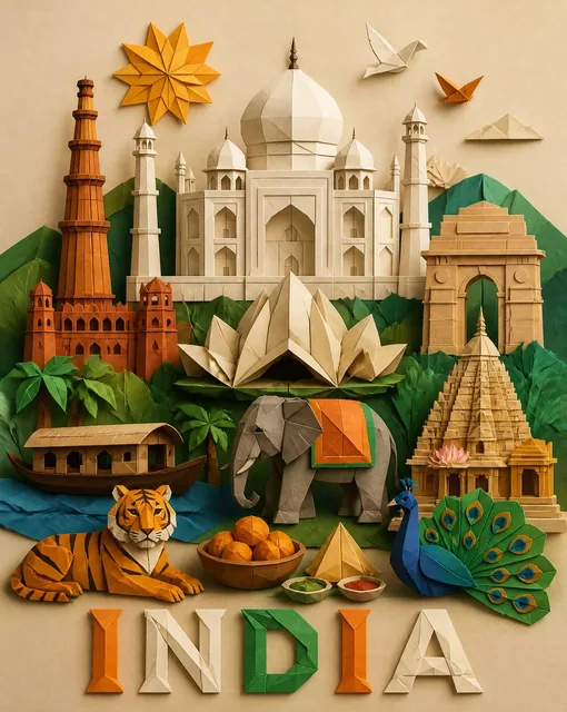 Origami paper art style illustration of [COUNTRY NAME]=India, vertical 4:5 composition. Famous landmarks and cultural sy