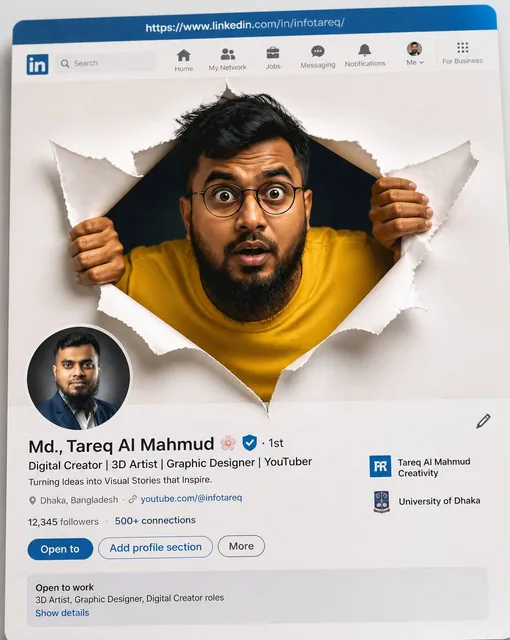 A creative 3D photo manipulation of a social media profile interface, featuring a surprised Attached Man with short mess