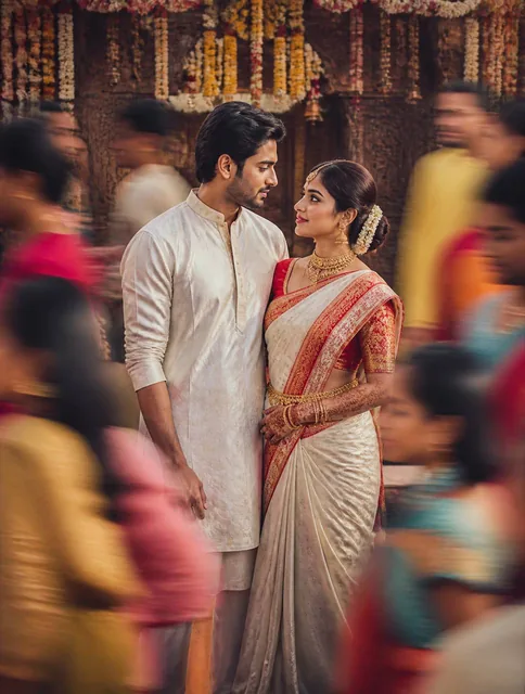 A cinematic Gujarati wedding scene featuring a man and woman dressed in traditional attire, standing still at the center