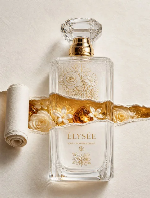 A photorealistic, highly detailed luxury commercial product photograph of an elegant crystal luxury perfume bottle cente