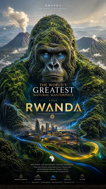 Create a revolutionary tourism poster for Rwanda where the entire country is visualized as a living gorilla.The mountain