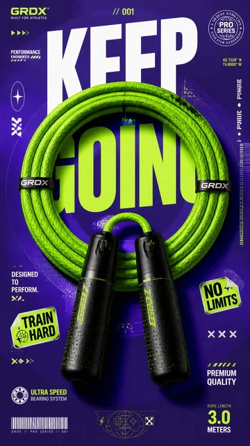 A premium 9:16 sports advertising poster with a neon lime jump rope arranged in a circle against a deep royal purple background, featuring bold "KEEP GOING" typography and graphic