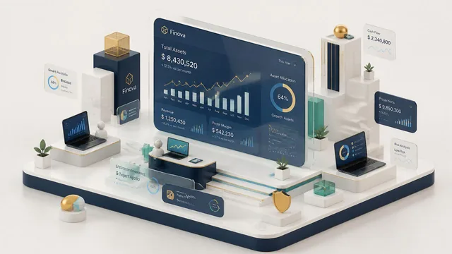 A cutting-edge 3D isometric illustration for a premium fintech startup website hero section.The composition features a f