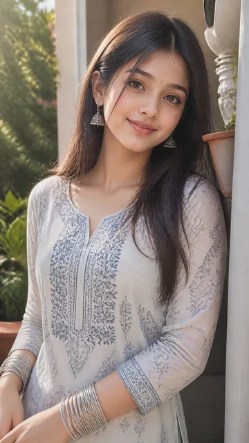 Ultra-realistic digital painting of a beautiful anime girl with expressive eyes and a natural smile, wearing a knee-length kurti, silver bangles, and jhumke earrings, in soft natur