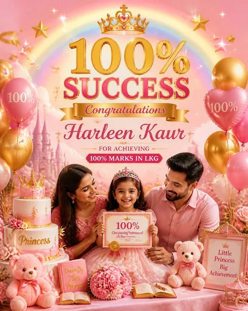 Premium princess-themed celebration poster, Harleen Kaur achieving 100% marks in LKG, magical pink and gold theme, crown