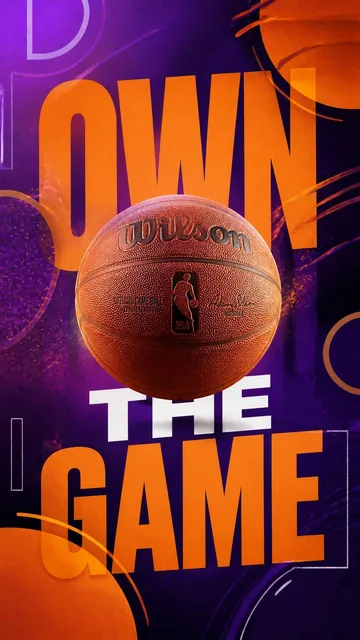A premium commercial sports campaign poster with the bold text 'OWN THE GAME' partially obscured by a realistic basketball centered against a deep purple backdrop with orange graph