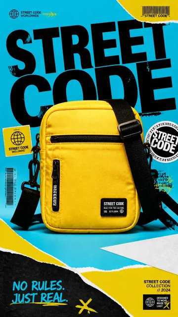 A premium 9:16 advertising poster for streetwear accessories, showcasing a bright yellow crossbody bag centered against an electric cyan and vivid yellow studio background with bol