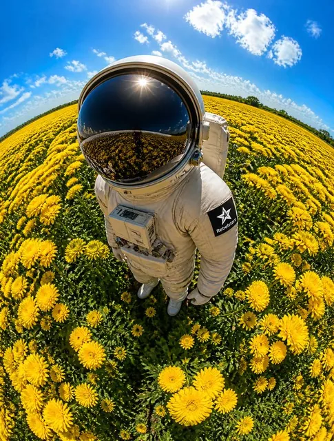 change the environment into flower fields, in bright yellow colored flowers, green leaves, chrysantemum flower. And brin