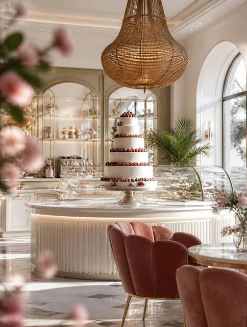 Cinematic slow dolly forward shot moving through a luxurious cake shop interior. In the foreground, delicate pink flower