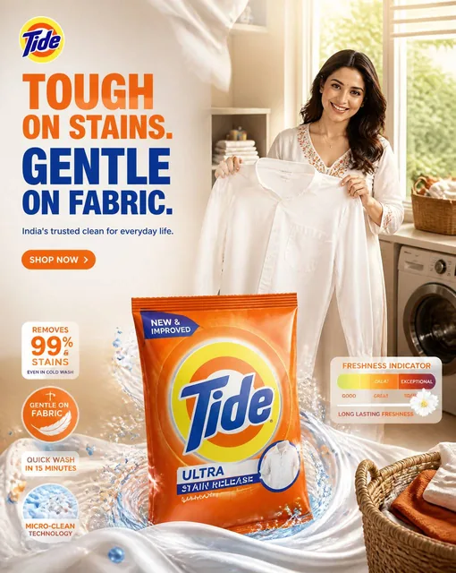 Hyper-realistic Tide detergent advertising poster featuring a modern Indian laundry room, a young mother holding a clean white shirt, and prominent Tide packaging with UI elements