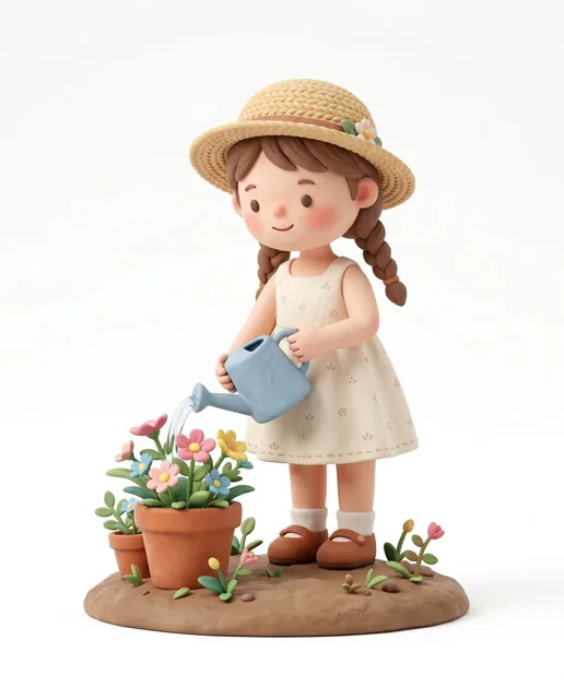 A sweet and exquisitely crafted 3D character. The girl wears a simple, light-colored summer dress and an elegant woven s