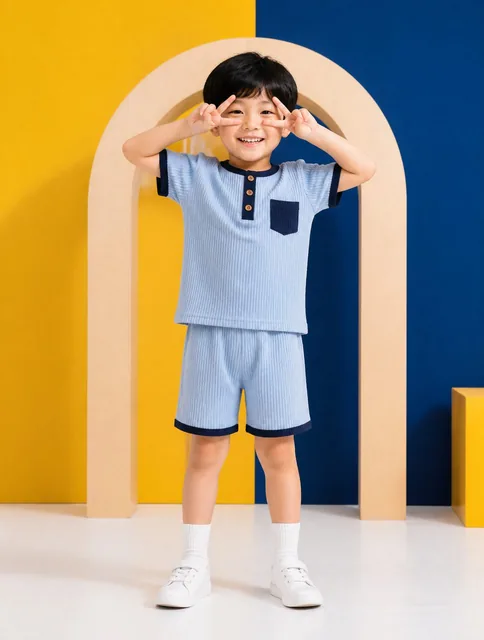 A young East Asian boy with a joyful expression stands centered, his hands raised to form V-signs over his eyes in a pla
