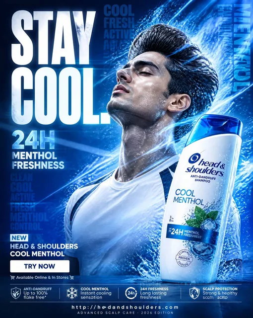 Hyper-commercial poster for Head & Shoulders Cool Menthol shampoo featuring an athletic male model experiencing an instant cooling rush, with dynamic airflow, frozen mist, and bold
