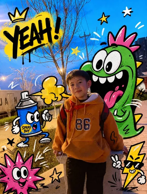 Transforming candid photos with bold, hand-drawn graffiti characters and graphics for an interactive, humorous, and visually striking poster effect.