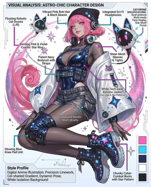 A stylish anime girl with short vibrant pink hair and a black beanie sits floating in a dynamic pose, surrounded by a sw