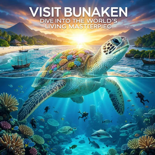 Create a revolutionary tourism poster for Bunaken, Indonesia, where the entire marine paradise is visualized as a coloss