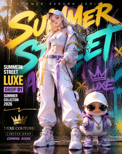 Generate a vertical 4:5 high-end streetwear fashion poster featuring a "luxury summer streetwear ad" / "anime-realistic