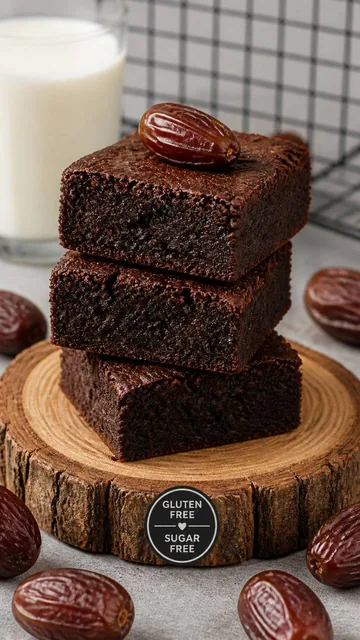 A stack of dense, dark chocolate brownies sits centered on a rustic, circular wood slice, topped with a piece of dried d