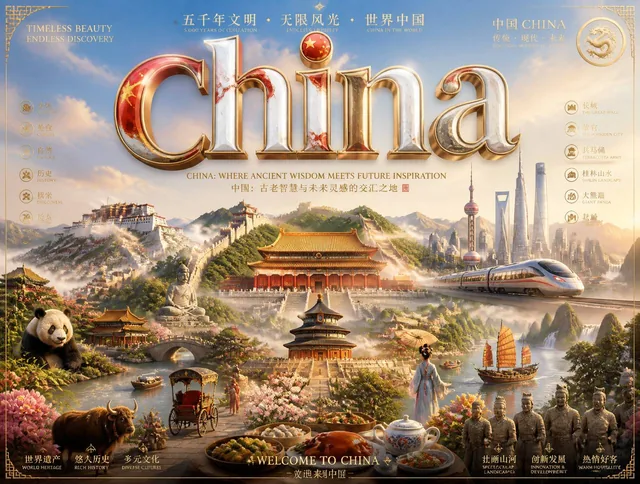 Ultra-premium cinematic 3D travel poster for [CHINA], bright luxury aesthetic, soft sunlight, dreamy atmosphere, highly