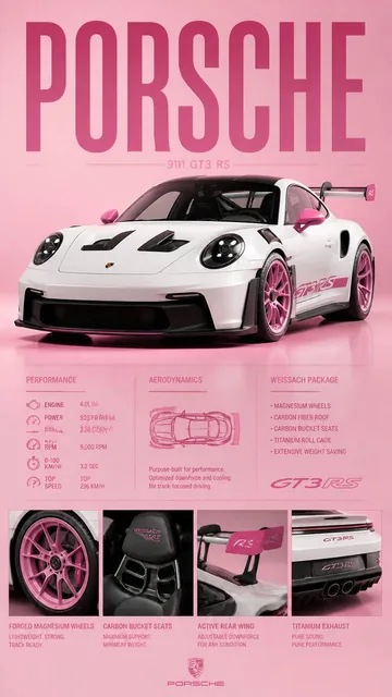 A high-contrast studio editorial poster featuring a pristine white Porsche 911 GT3 RS with custom hot-pink accents and m