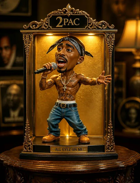 A stylized, exaggerated cartoon figurine of 2Pac, appearing to be a singer, is shown singing into a microphone. He wears
