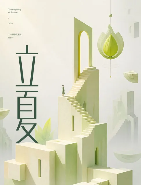 # 角色你是一位「纪念碑谷式节气空间」的锁定执行专家。# 任务生成一张极简超现实主义3D艺术海报，主题为「立夏」。核心逻辑：空间结构表达情绪隐喻，中文排版作为视觉主标题，两者协同而非融合。# 核心约束- 禁止将中文文字立体化或建筑化- 中文