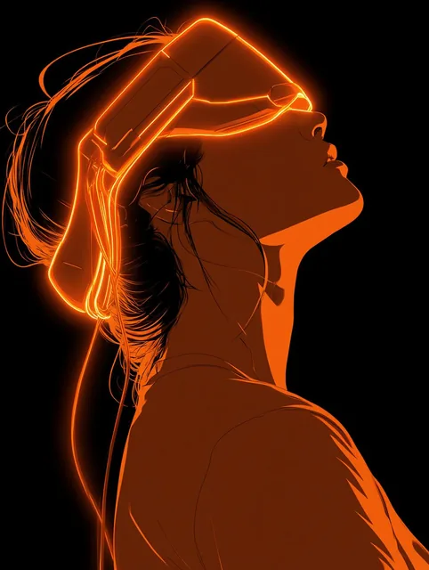 A silhouette of a woman in profile gazes upward, wearing a futuristic VR headset defined by vibrant, glowing orange neon