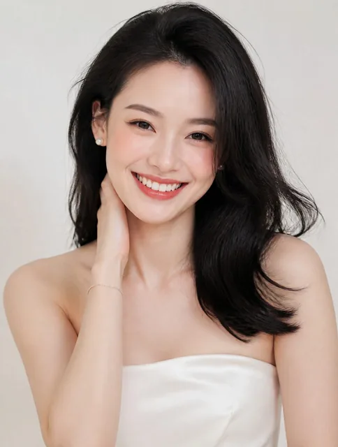 人物肖像照，正面，帮我生成肖像照，正面，28岁亚洲女性肖像，舒淇同款明媚笑容，鹅蛋脸，额头饱满，下颌线流畅。眉毛是自然的弯月形，毛流感清晰。眼睛大而明亮，内眼角尖锐，外眼角微垂，鼻梁高挺，鼻头圆润。嘴唇丰盈，上唇唇峰明显，唇色是自然的玫瑰粉